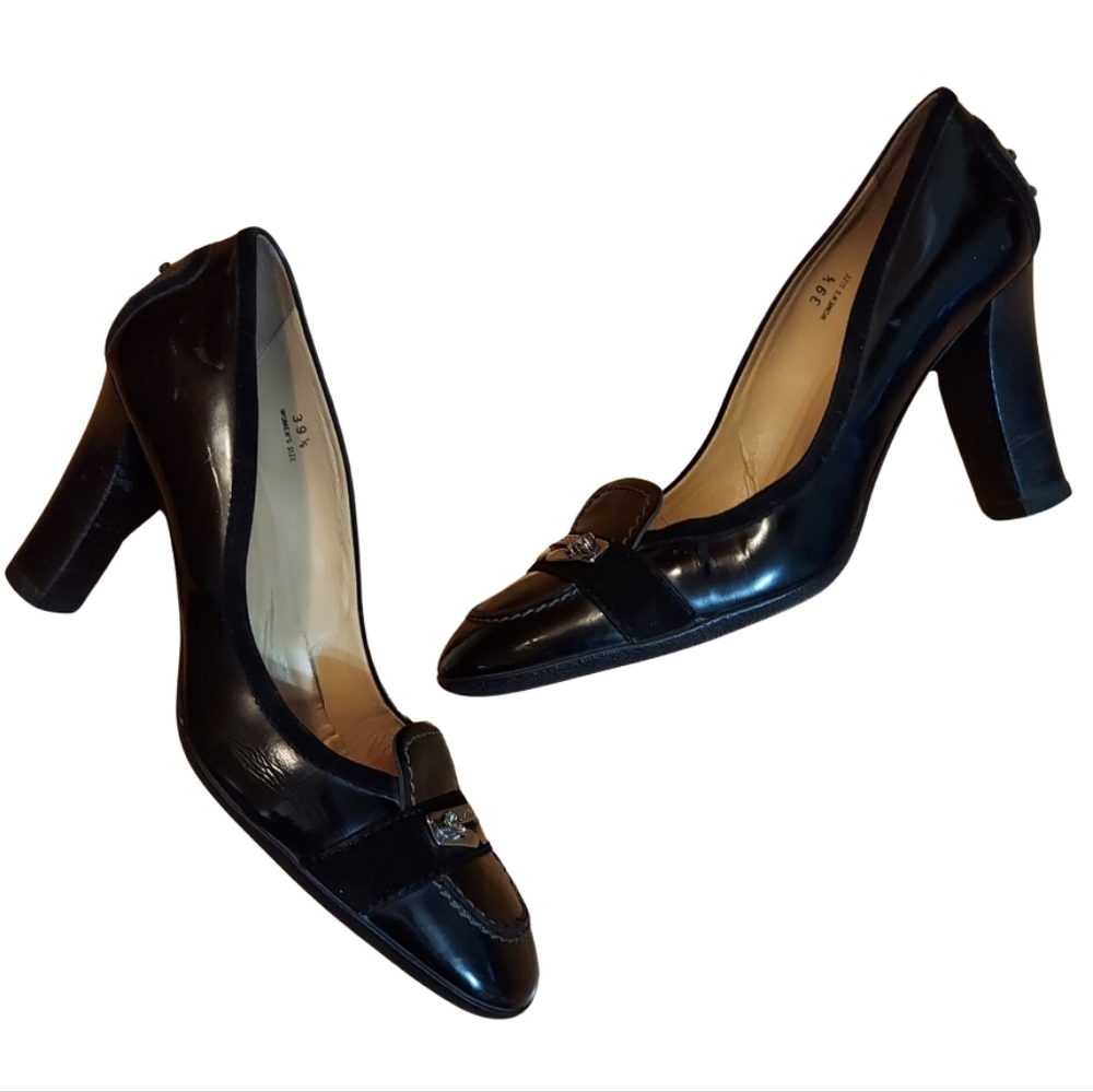 Tod's Crystal Embellished Patent Leather/Suede Block Heel Penny Loafer Pumps - Picture 14 of 16